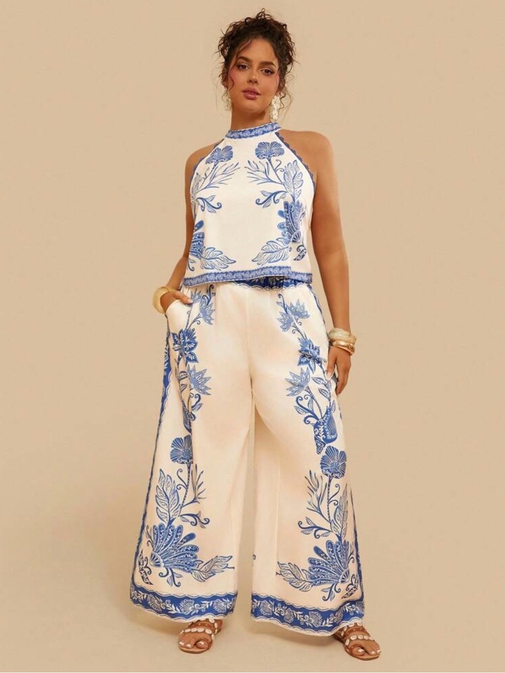 Blue & White Floral Halter Jumpsuit